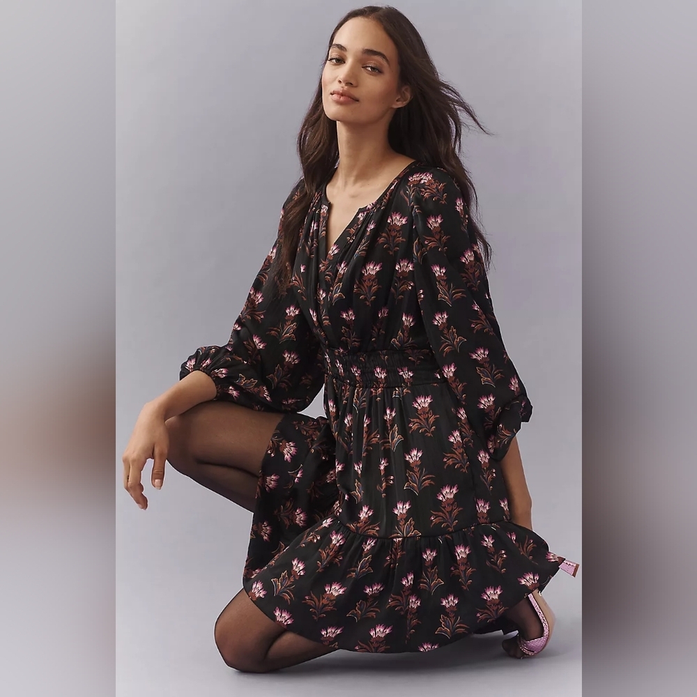 Smocked Waist Black Floral Dress